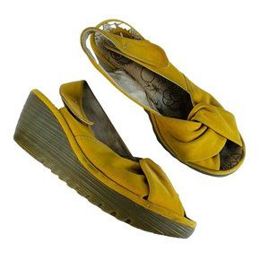 Fly London Yakin Mustard Yellow Wedge Platform Sandals Women's 39 / US 8 8.5
